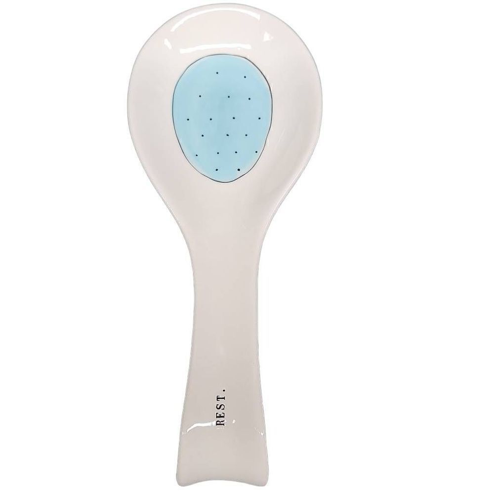 Rae Dunn White Blue Black Dot "Rest" Spoon Rest